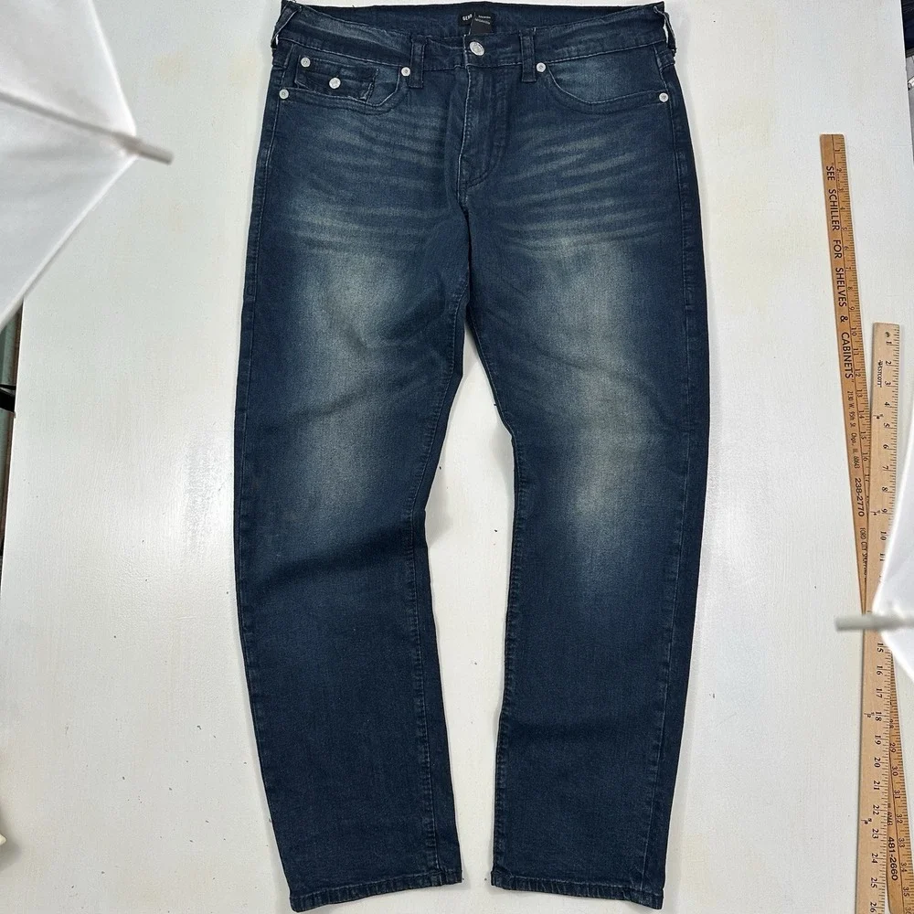 True Religion Geno Jeans Mens 36x32 Relaxed Slim Blue Flap Pockets Thick Stitch